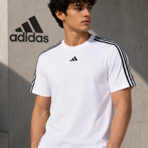 ADIDAS Men Striped Round Neck Pure Cotton White T-Shirt